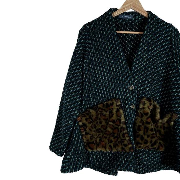 Alembika Womens Jacket XS Textured Wool Blend Leopard Faux Fur Pockets Boho Fit - Picture 3 of 11